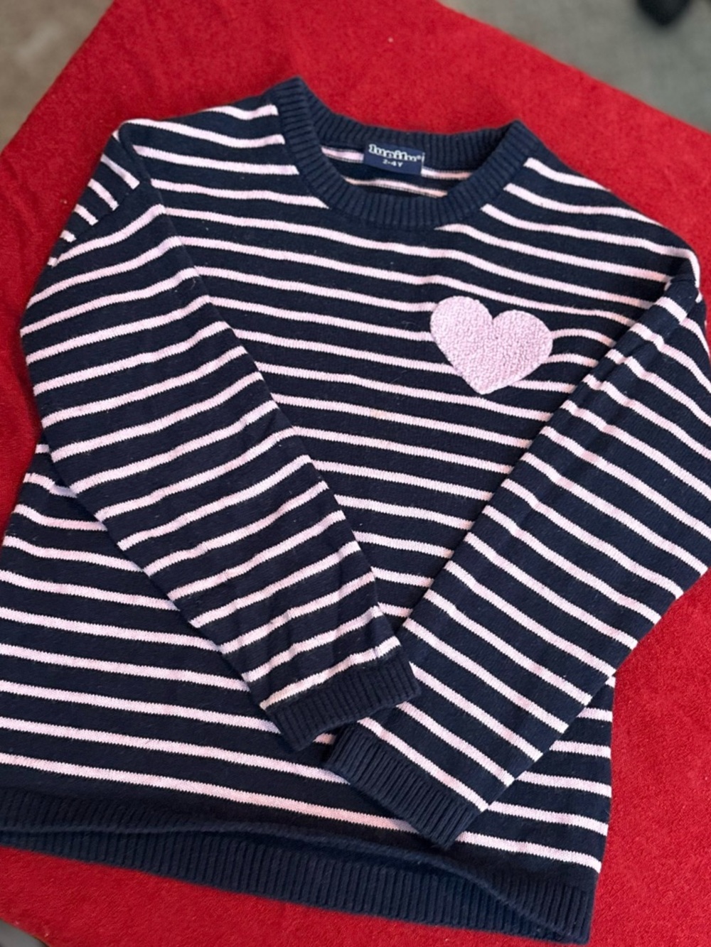 Joules Navy and Pink Striped Crewneck Sweater with Heart